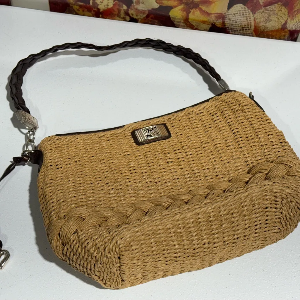 Brighton Brown Leather Trim Woven Straw Handbag Braided Accent Leopard Lining - Image 12
