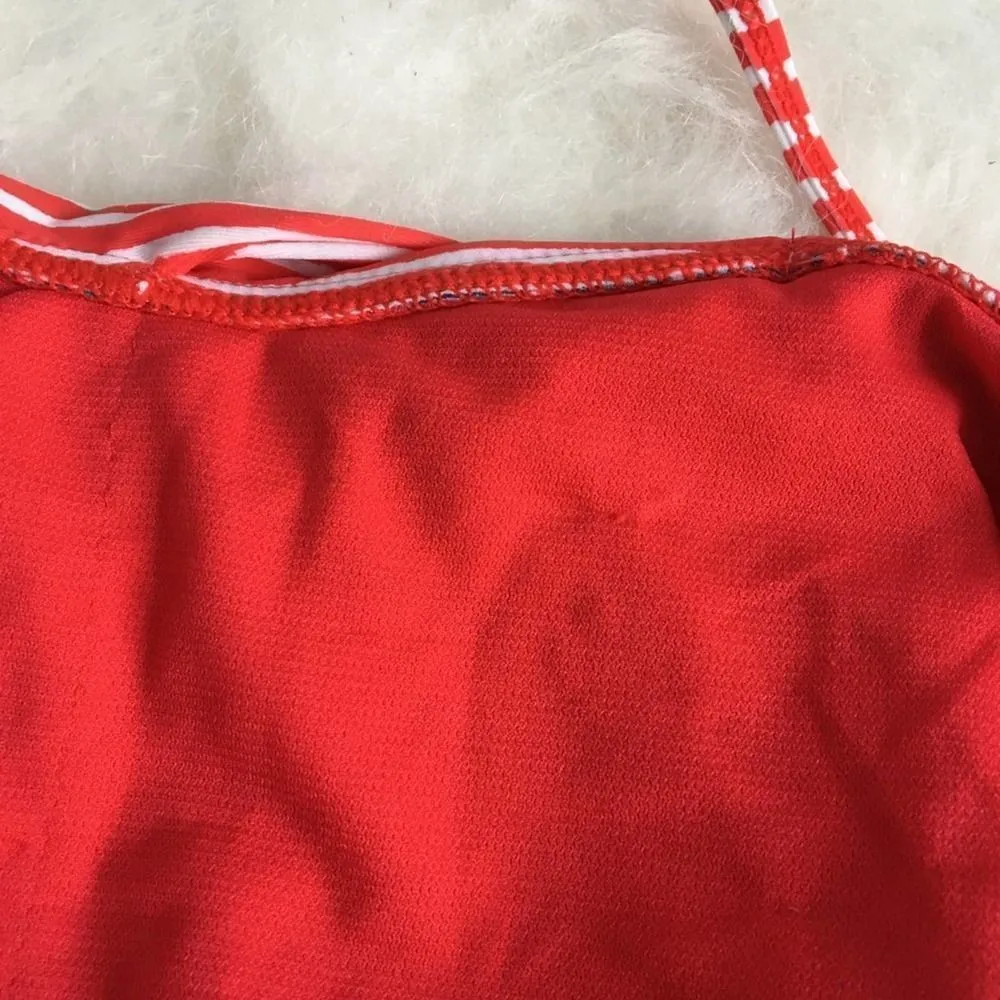 Nicole Miller Bandeau Halter Tie Neck Bikini Top Size 10 Striped Floral Red Blue - Image 9