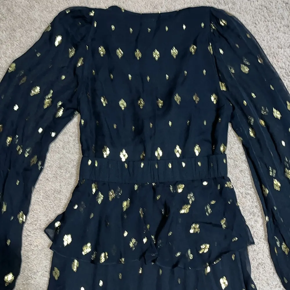 A.L.C. Stanwyck Dress Ruffle Sheer Long Sleeve Silk Midi Gold Metallic‎ Black 6 - Image 9