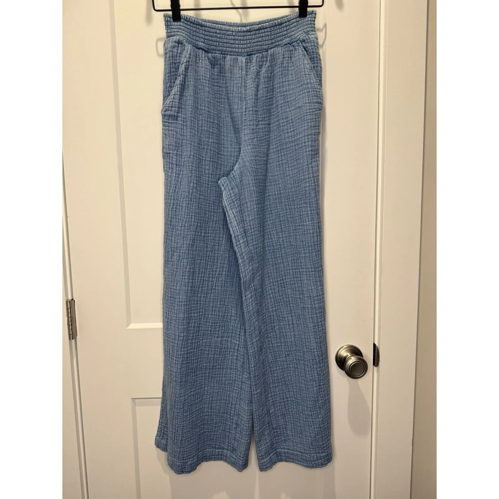 Aerie High Waist Blue Gauze Wide Split Leg Pants Smocked Elastic Waist Small S - Image 3