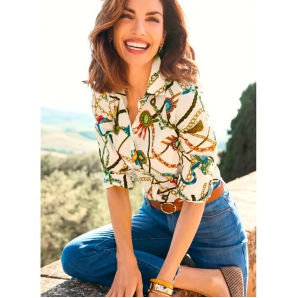 Talbots‎ Long Sleeve Button Front Links & Ribbons Equestrian Cotton Shirt XS - Image 10