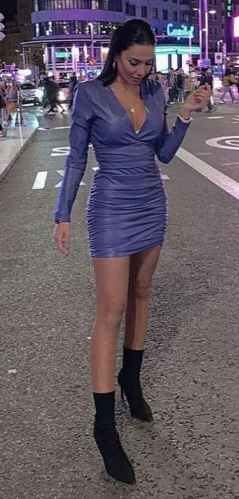 ZARA FAUX LEATHER Wrap-front V-neck Draped LONG SLEEVE DRESS Purple SIZE M NEW - Image 3