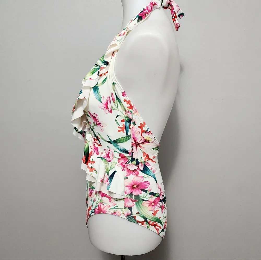 Carmen Marc Valvo botanical ruffle surplice halter one piece swimsuit size 8 - Image 4