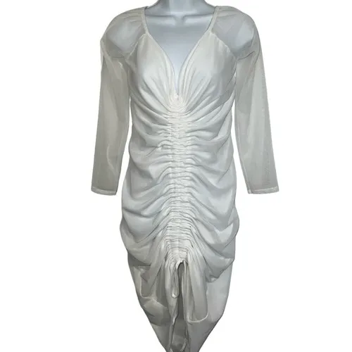 PRETTYLITTLETHING Sexy White Mesh Ruched Body Con Mini Dress‎ NWOT Large 14 - Image 2