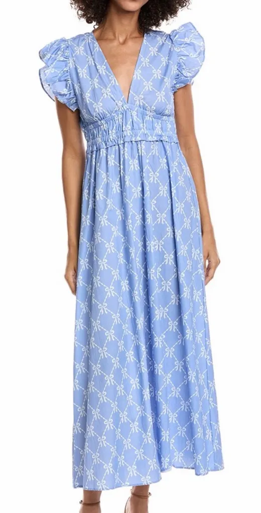 Sail to Sable Blue Hydrangea Bow Print Flutter Sleeve Vneck Maxi Dress XS NWT - Image 1