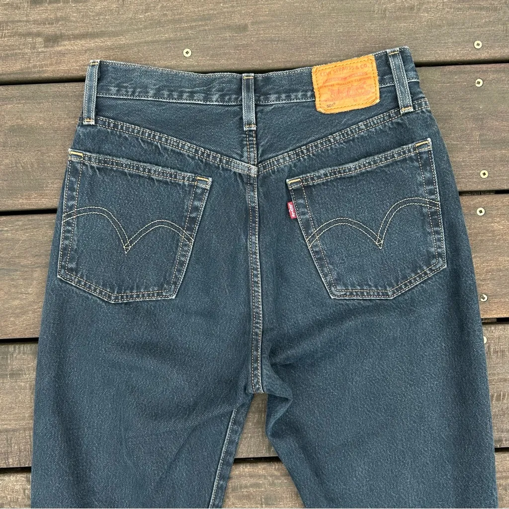 Levi's Straight Leg 501 Dark Wash Blue Denim Jeans w/ Distressed Knees - Image 4