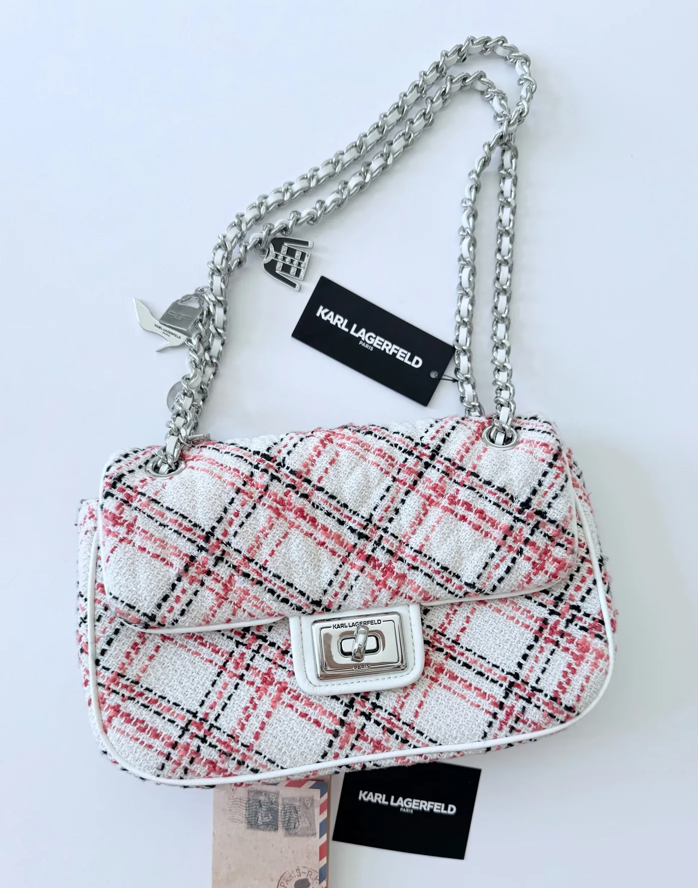 Karl Lagerfeld Paris Agyness Pink Plaid Tweed Shoulder Bag Chain Strap Purse New - Image 1