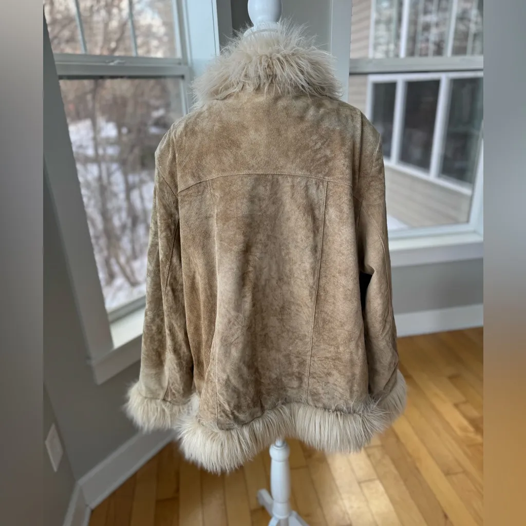 Vintage Avenue Genuine Suede Leather Faux Fur Trim Penny Lane Coat Jacket Sz XL Tan - Image 12