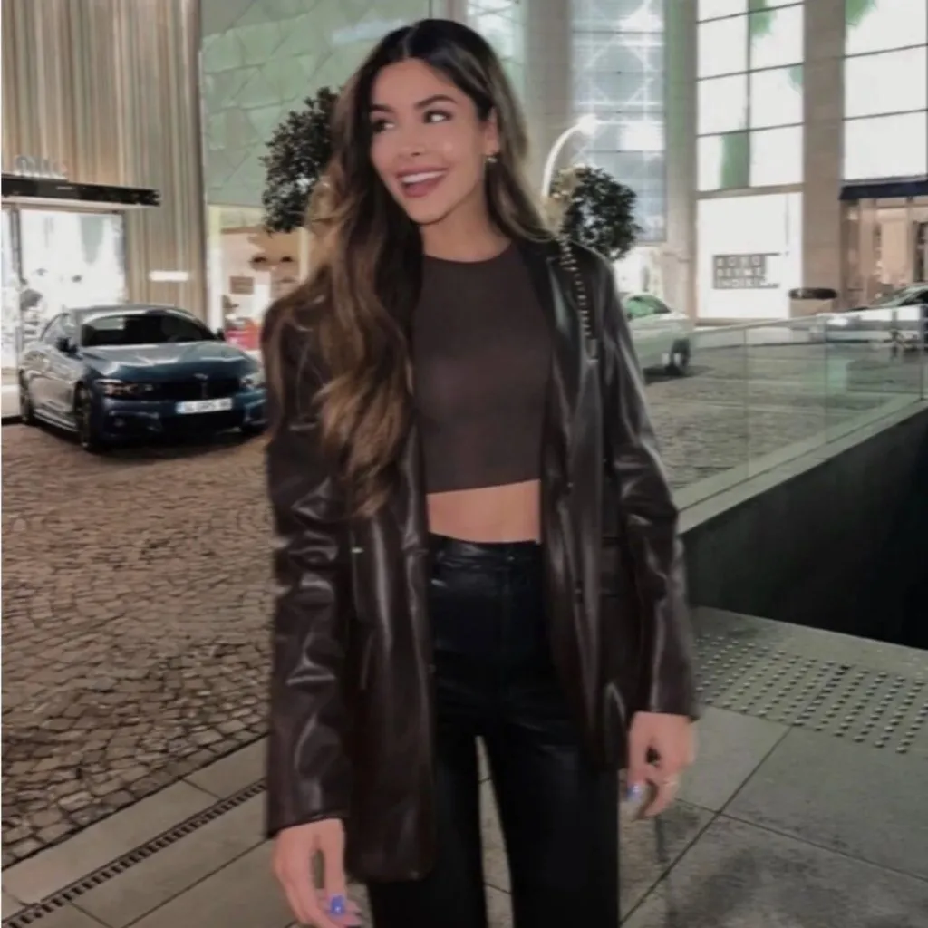 Zara Dark Brown Faux Leather Menswear Style Blazer Blazer Jacket Size L - Image 3