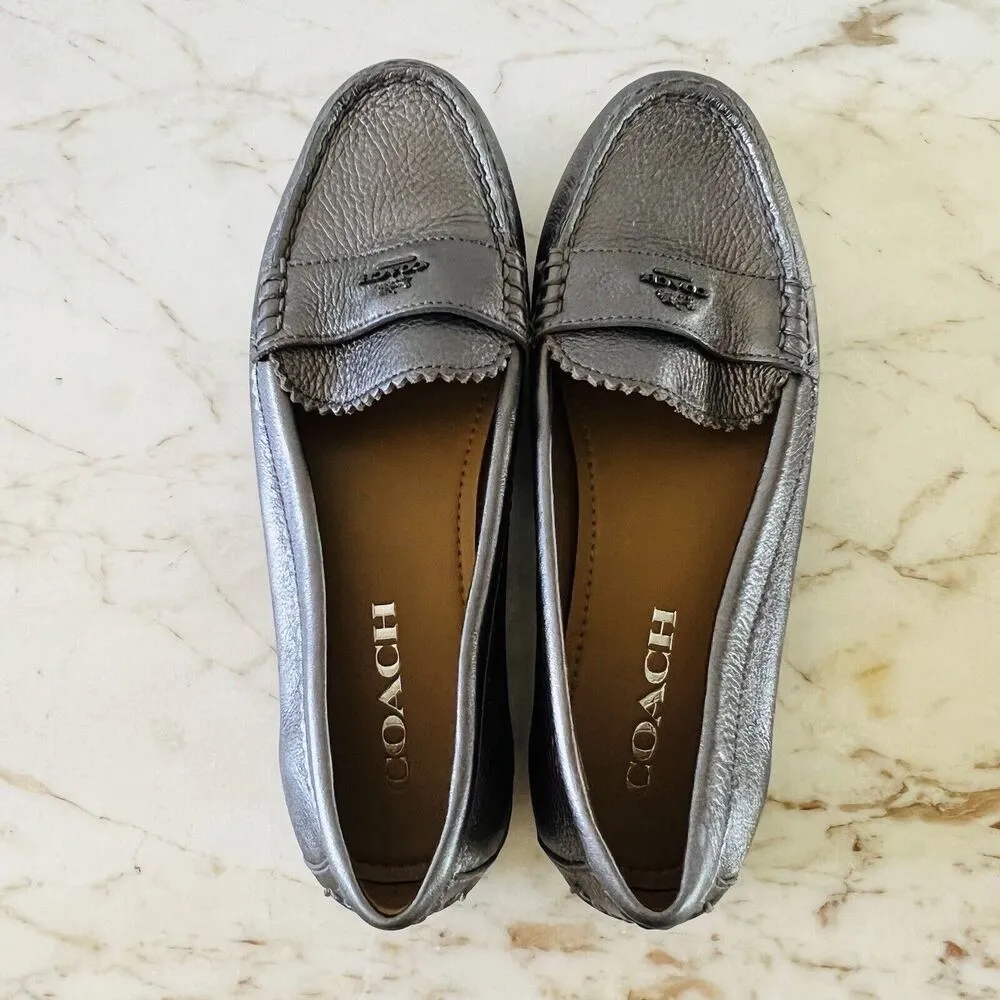 COACH Odette Solid Metallic Black Gray Leather Driver Loafer Black Logo - US 7 - Image 6
