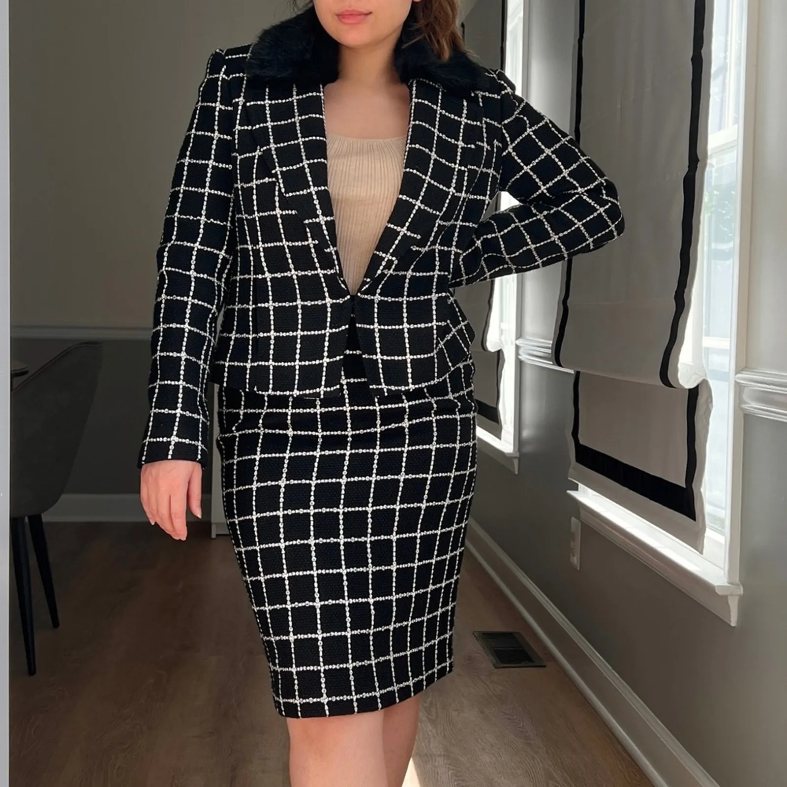 Nine West Tweed Black White Plaid Jacket and Skirt Set 6/8 Faux Fur - Image 10