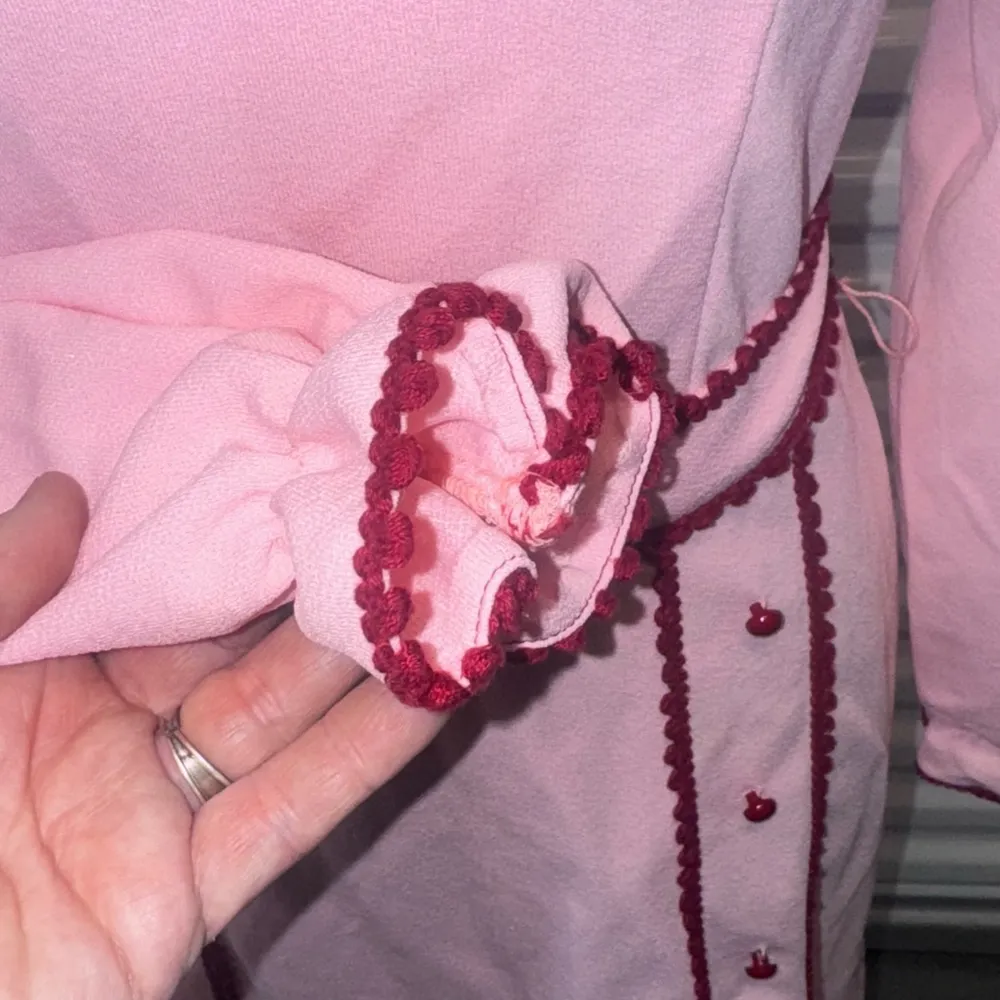 Vintage 70's Dress Size M Pink Burgundy Trim Long Sleeve Size M - Image 2