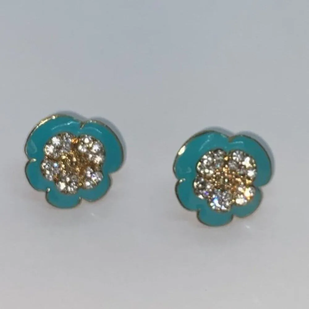 Gold-Tone Blue Clear Rhinestone Flower Stud Earrings - Image 4