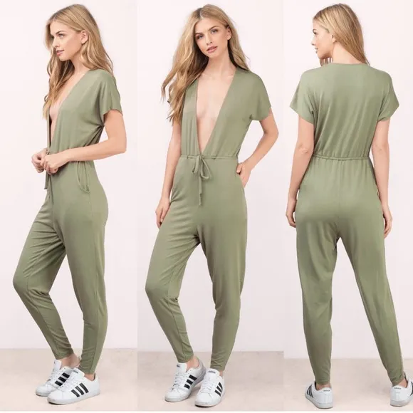 Tobi • This Is It jumpsuit olive green knit deep v surplice plunge tapered leg - Image 2