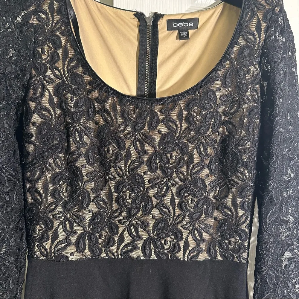 BEBE Black Mini Floral‎ Lace Long Sleeve Fit & Flare Dress Womens Size Small - Image 5