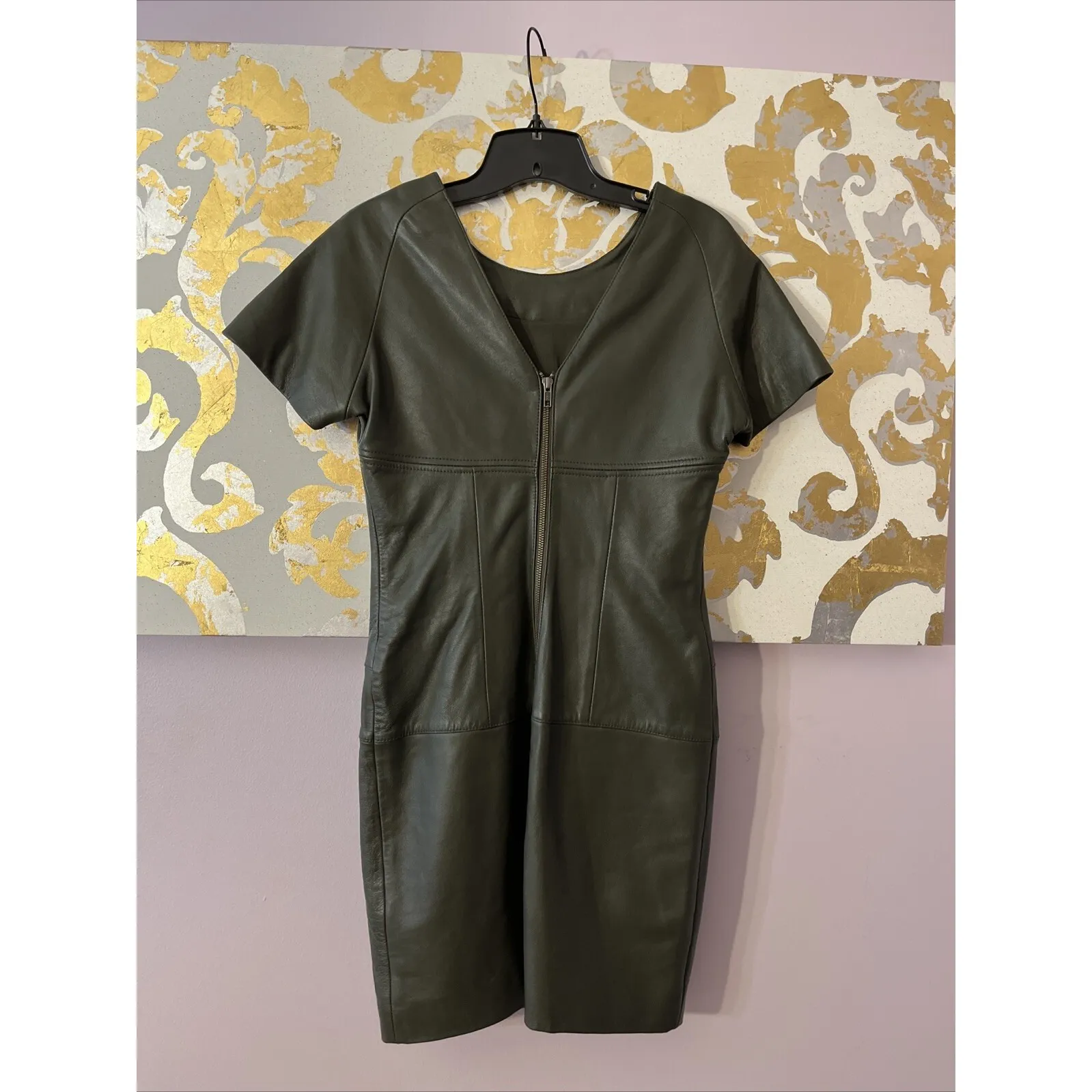 Reiss Size 4 Olive Green Lamb Leather  Mini Dress‎ - Image 2