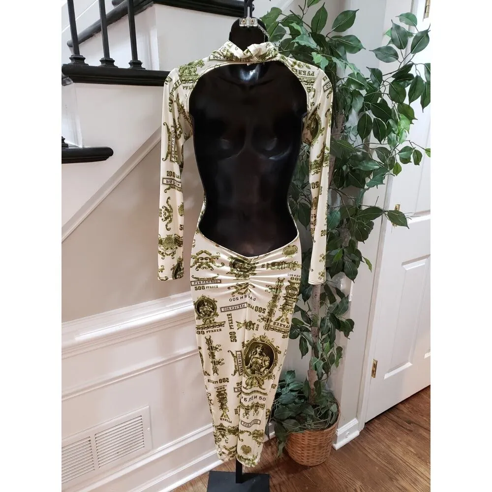 Women's White Green Graphic Print Cut Out Mock Neck Long Sleeve Maxi Dress Small - Image 2