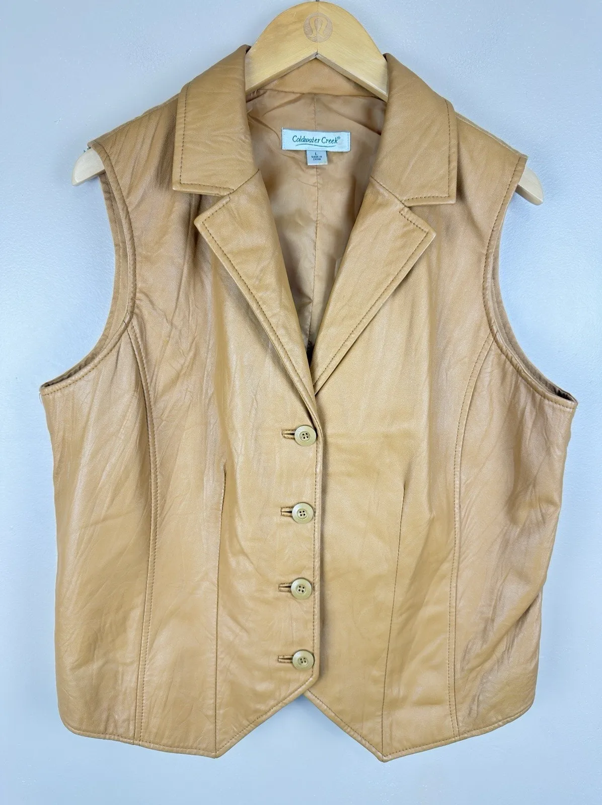 Vintage Coldwater Creek Women’s Leather Vest L Tan Notch Collar Button Front - Image 1