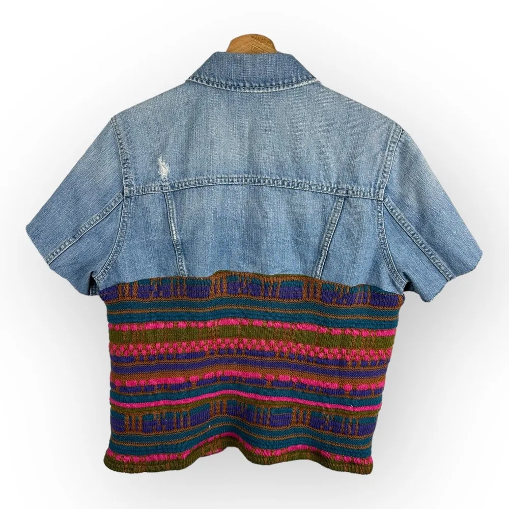 Vintage Womens size XL Handmade Reworked Denim Jean Knit Cardigan Jacket - Image 2