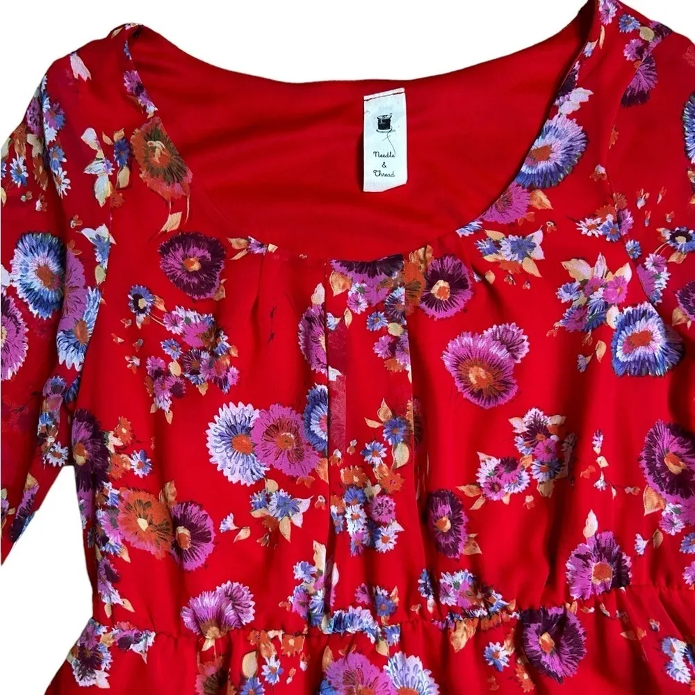 Anthropologie Needle & Thread Red Floral Dress Semi Sheer Size Small - Image 2
