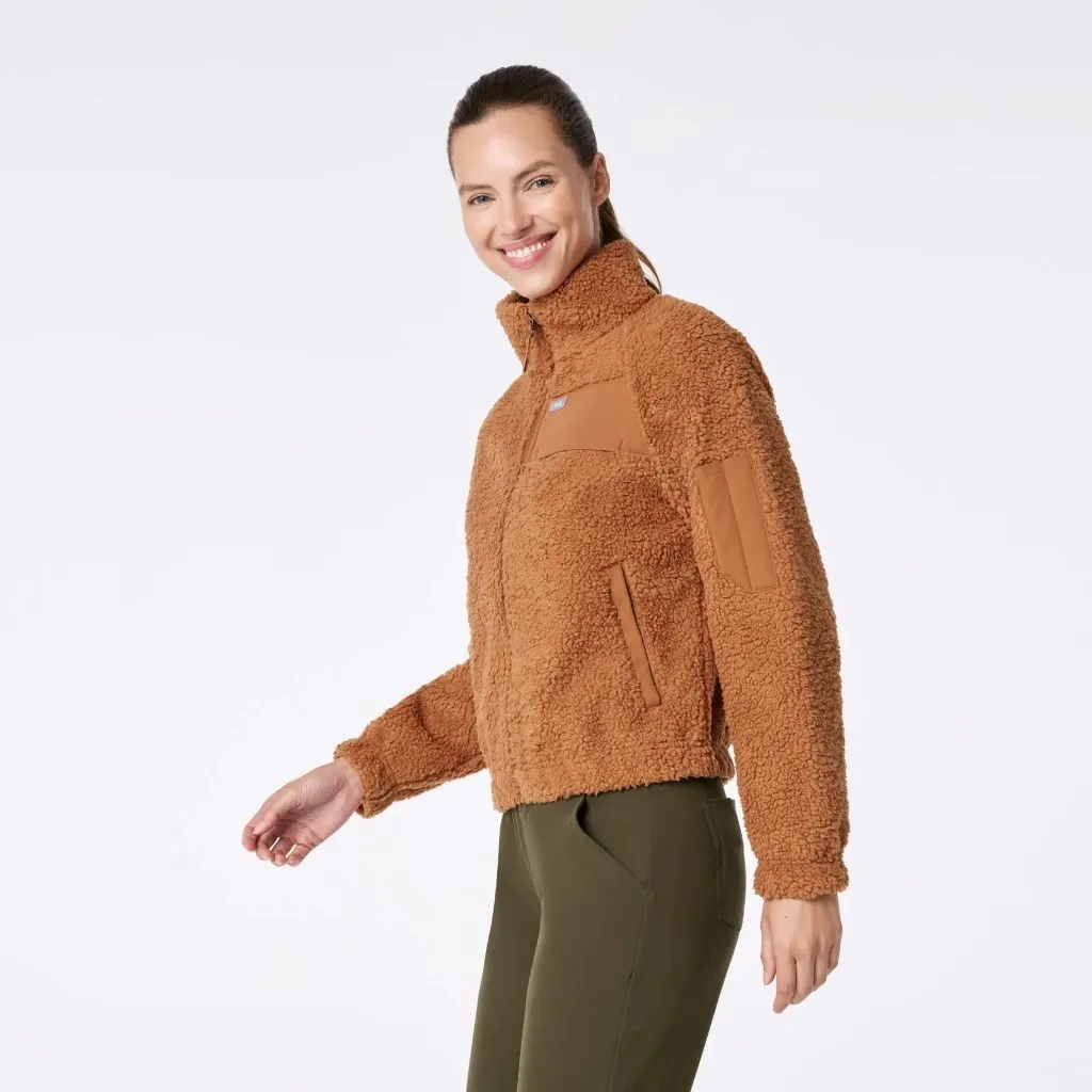 Figs On-Shift High Pile Fleece Bomber Jacket in Mocha, Size Large - Image 2