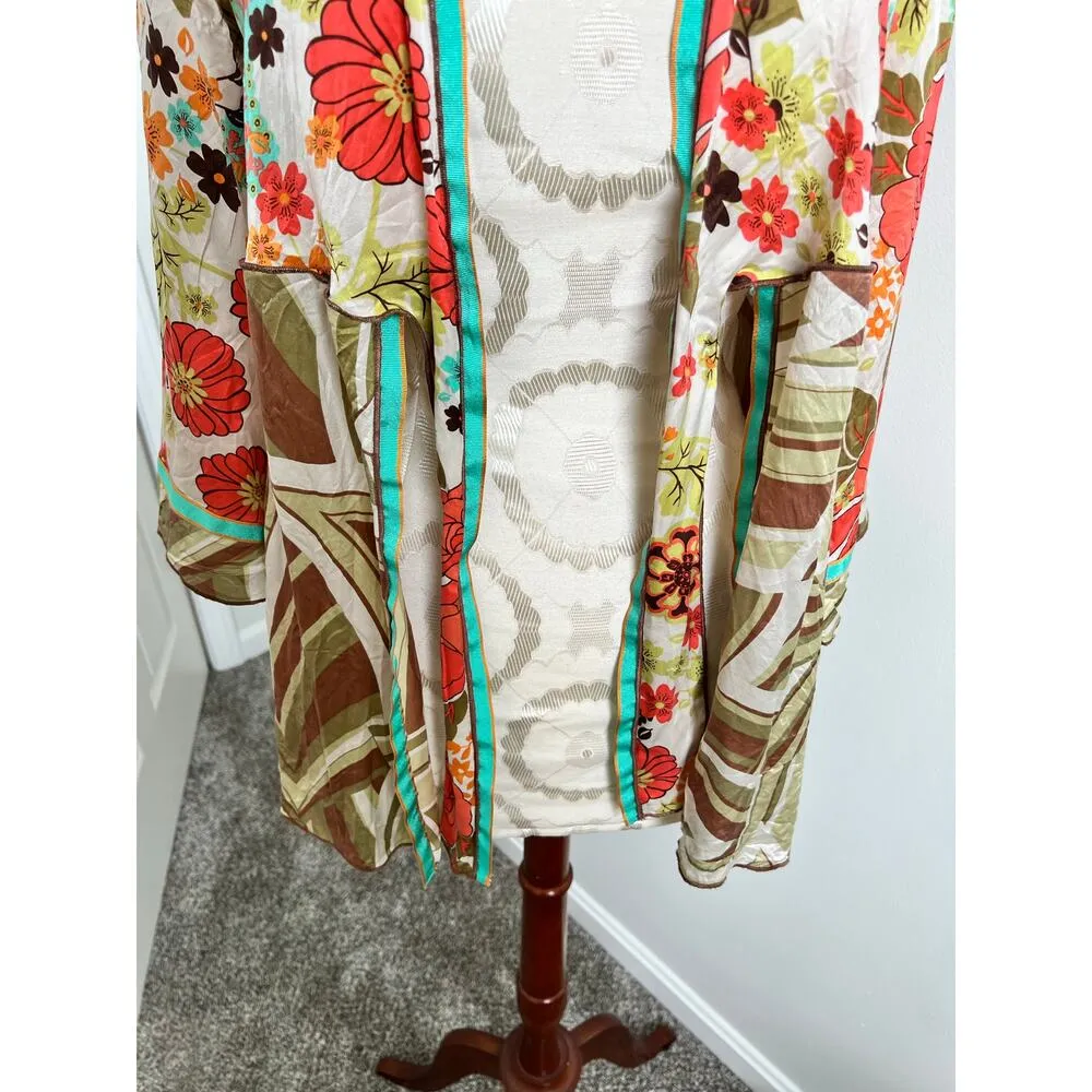 CAbi 100% Floral Print Open With Tie Front Kimono Top Medium - Image 10