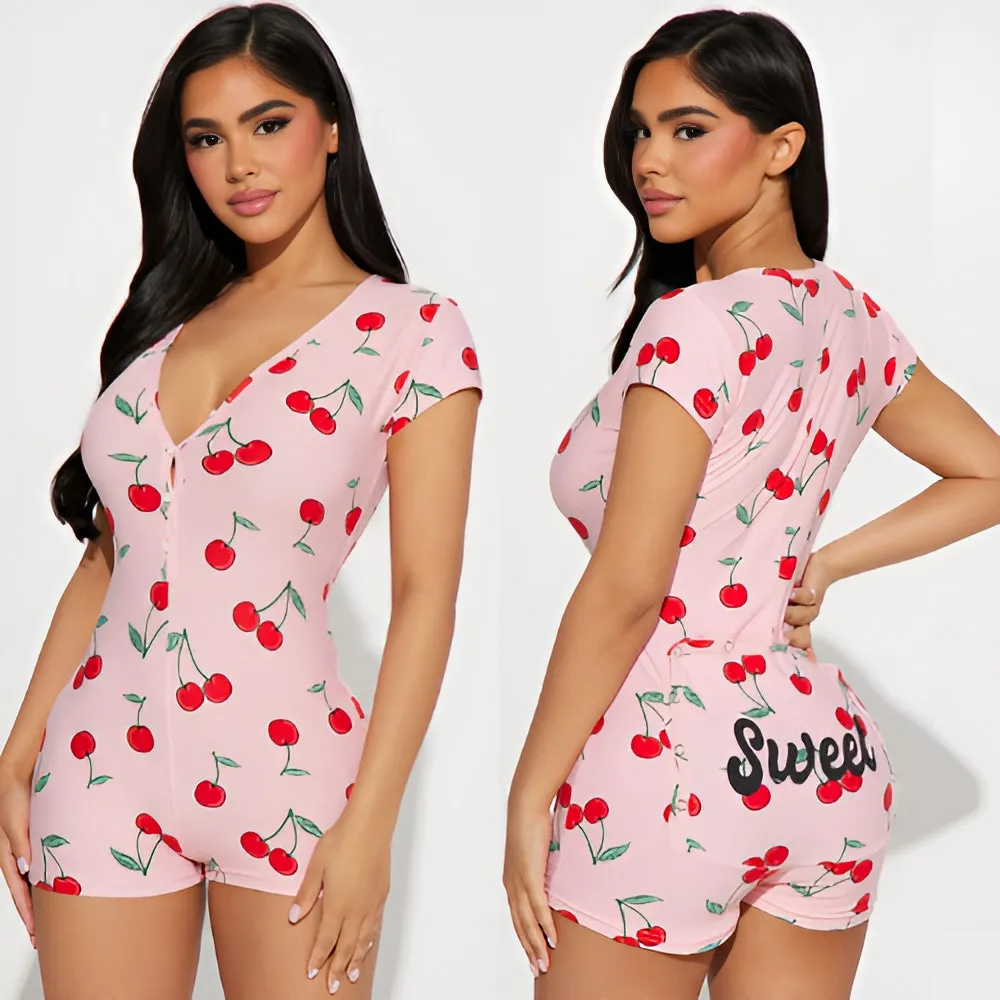 Not Tired Womens Sweet Cherry Sleep Lounge Pajama Peekaboo Romper Size M Pink Size M - Image 2