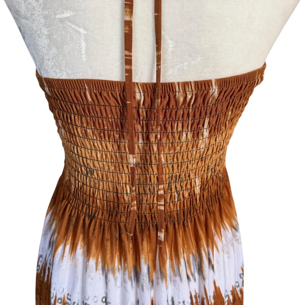 Paradise Contour brown white blue African print beaded tie dress size large - Image 8