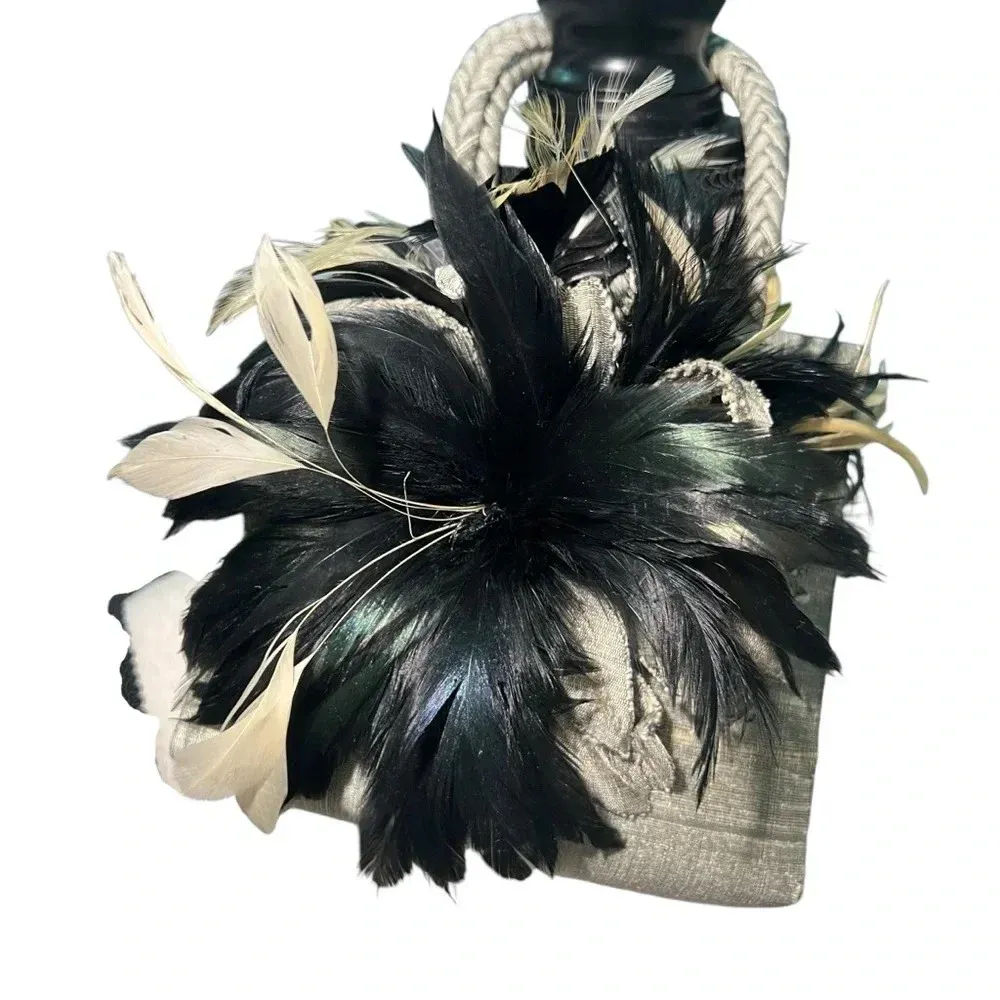 Mother Plucker silk real feathers oil slick coquette mini bag purse 20’s whimsy Silver - Image 4