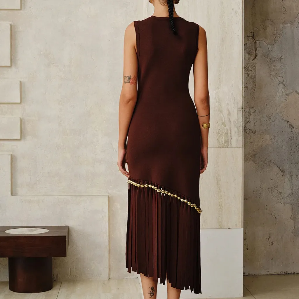 Commense Asymmetric Fringe Metal Bead Detail Maxi Dress size medium Brown - Image 3