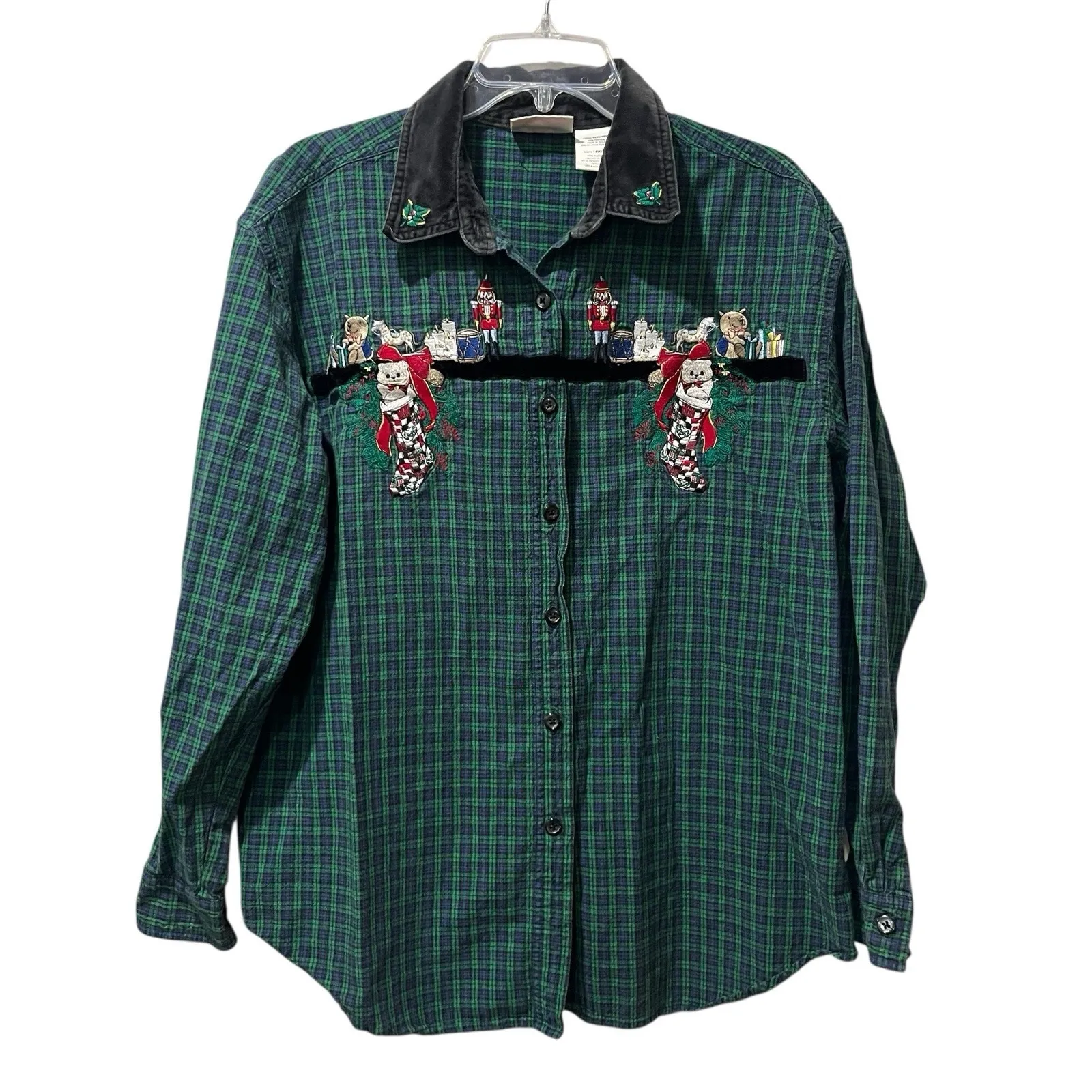 Vintage Faded Glory Christmas plaid Button Up Size 14W Embroidered Velvet Collar - Image 2