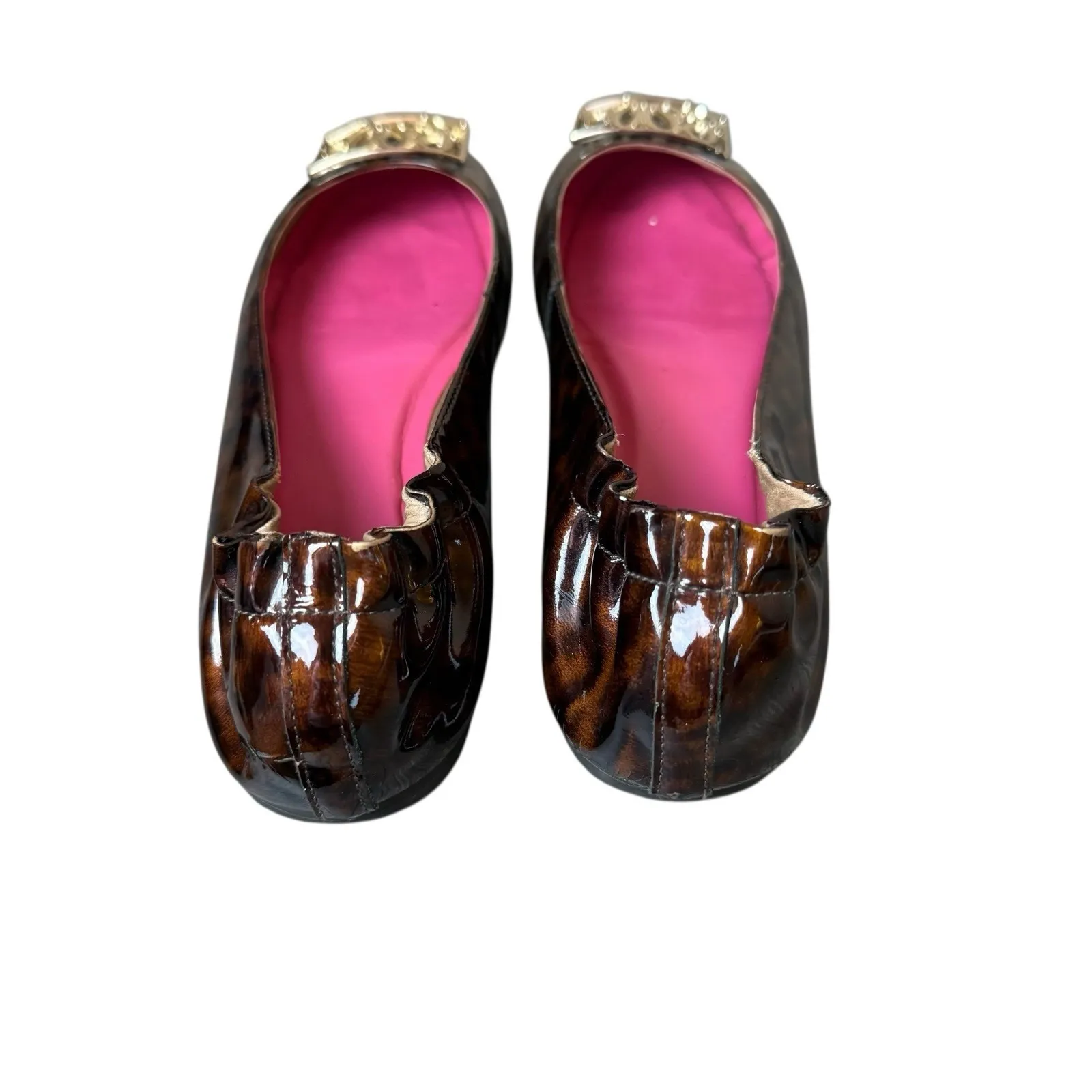 Lilly Pulitzer Patent Leather Brown Tortoise Shell Gold Logo Ballet Flats 7.5M - Image 5