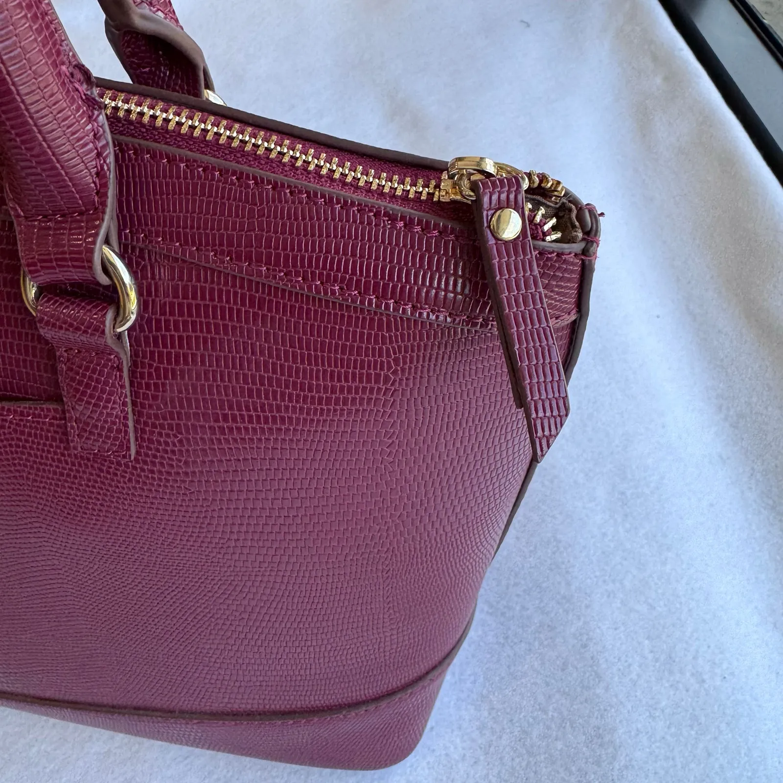 Anne Klein Burgundy Satchel Textured Faux Leather Gold Hardware Fall handbag - Image 11