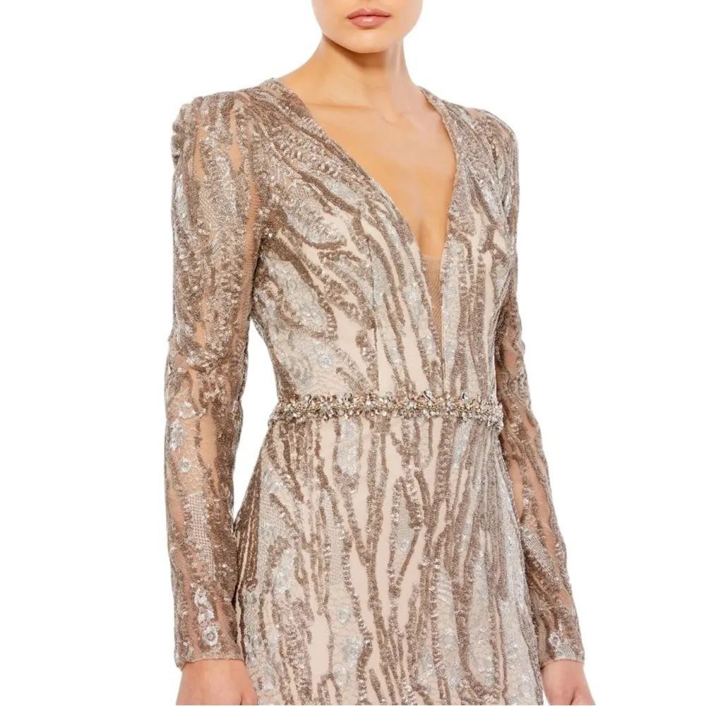 Mac‎ Duggal Embellished Long Sleeve Plunge Neck Gown Gold Taupe 16 79358 - Image 3
