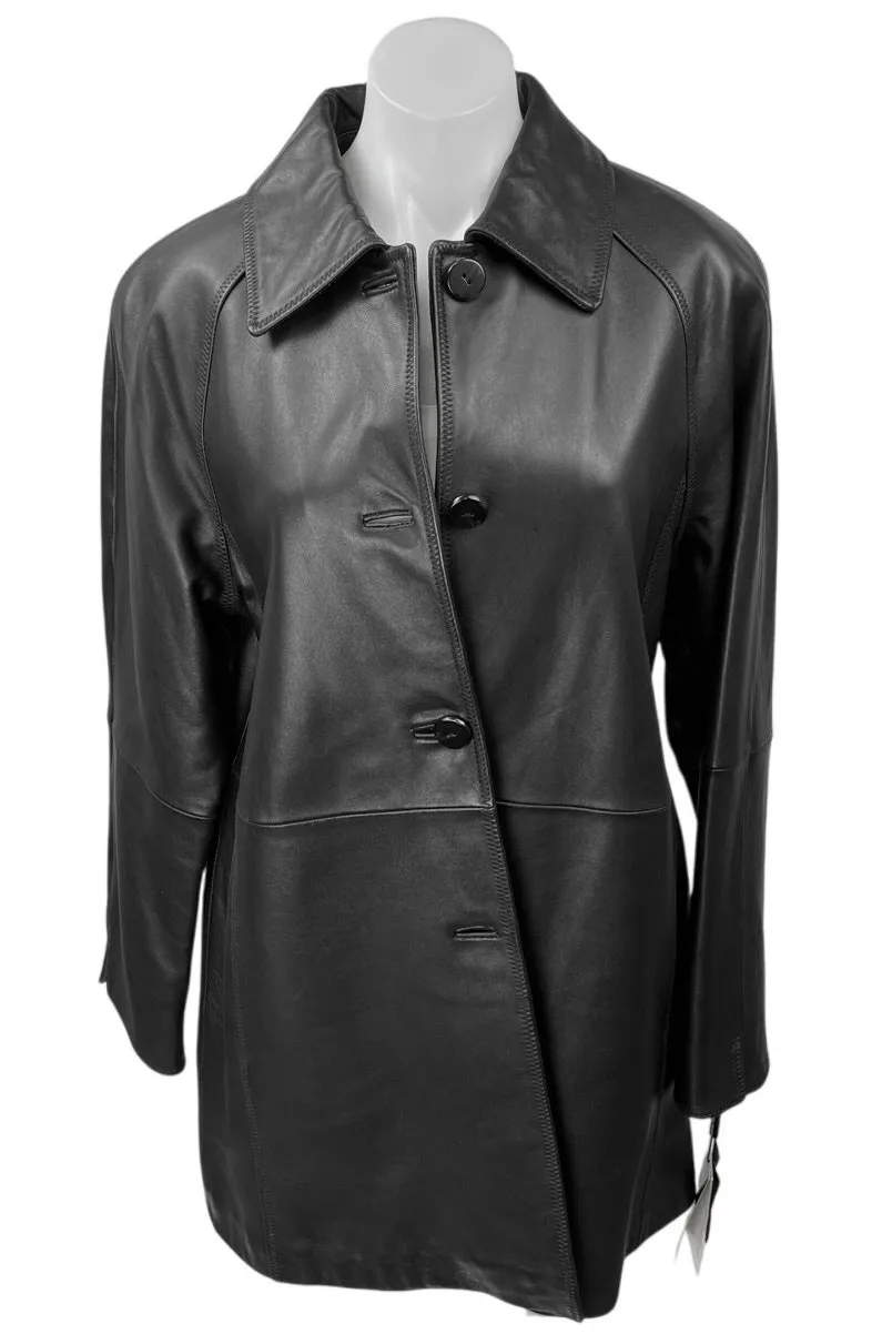 NEW Ellen Tracy Black Leather Button Up Collar Long Sleeve Blazer Coat Jacket M - Image 1