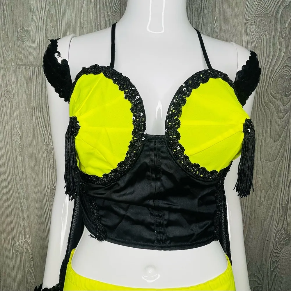 Belly dancing rave costume cosplay yellow black light costume hand made 6 - Image 2