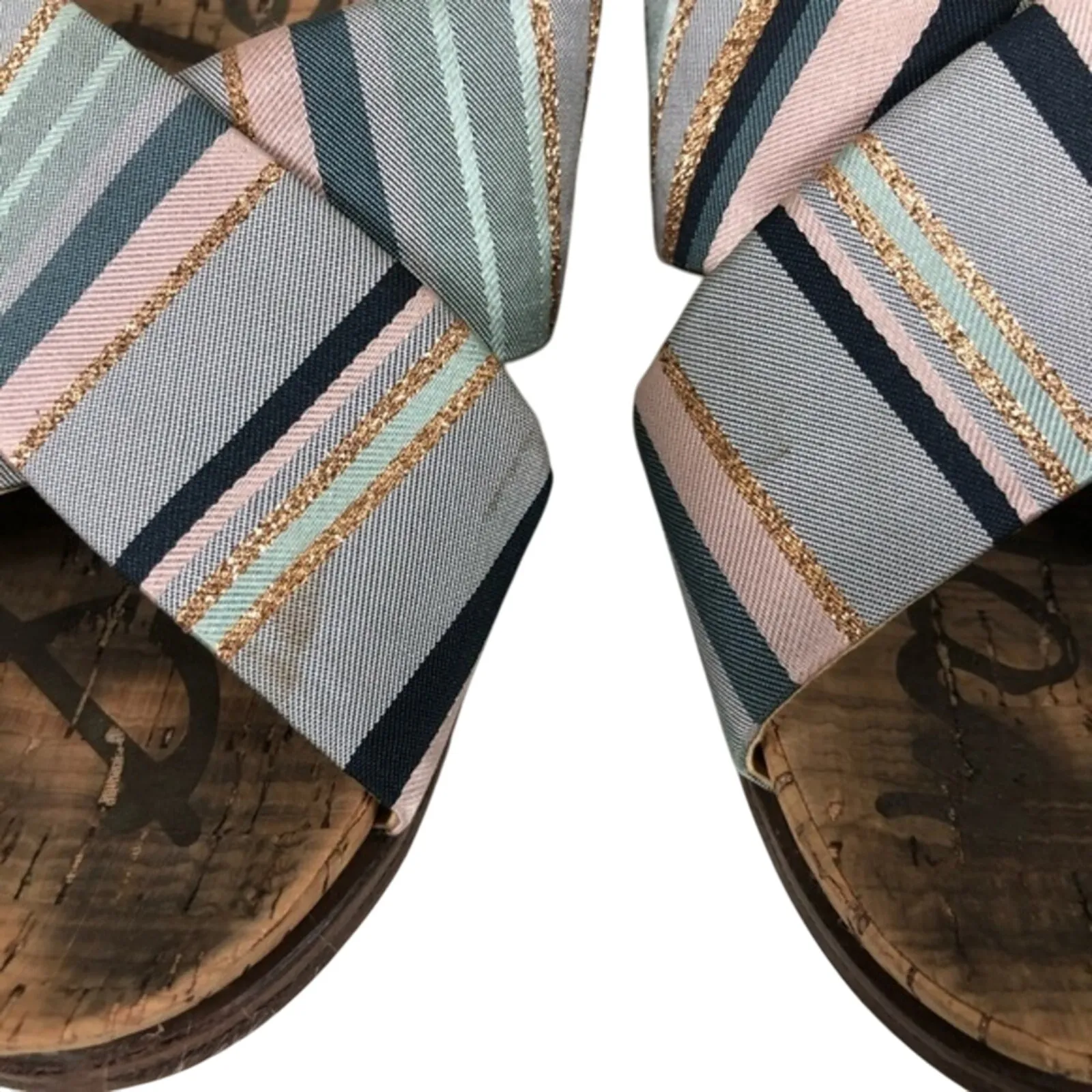Sam Edelman Hattie Crisscross Sandals Womens 7.5 Blue Stripe Cork Coastal Boho - Image 6