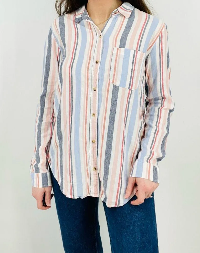 anthropologie maeve coastal cowgirl boho striped button down blouse top pastel M - Image 5