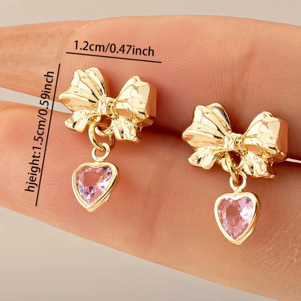Gold Bow Drop Earrings with Pink Heart Crystals Cute Coquette Jewelry NWT - Image 4