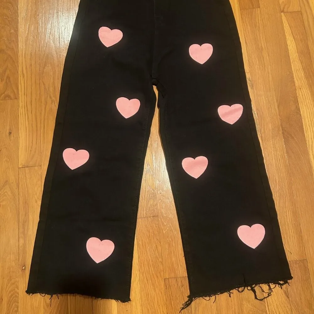 Cider Pink Heart Black Cropped Jeans - High Rise, Frayed Hem - sz Medium - NEW - Image 2