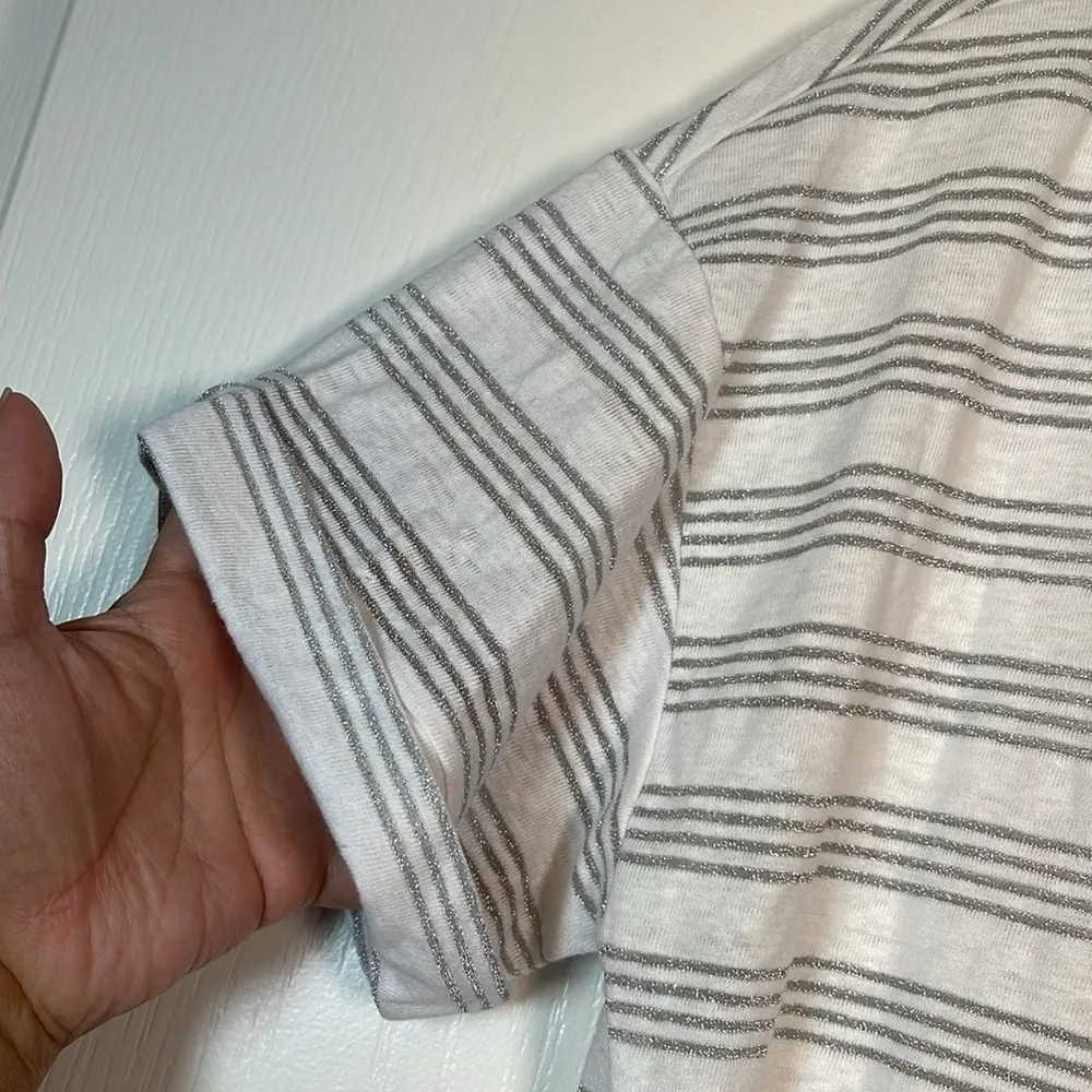 Talbots Linen Blend White Silver Cuff Sleeve Round Neck Shirt Large EUC #0928-AZ - Image 3