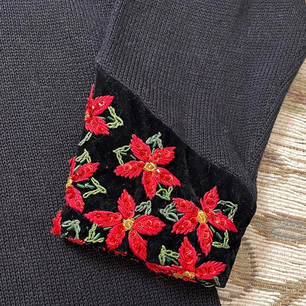 Vintage Tiara International Sweater Cardigan Poinsettia Sequins 2003 M Medium Red - Image 3