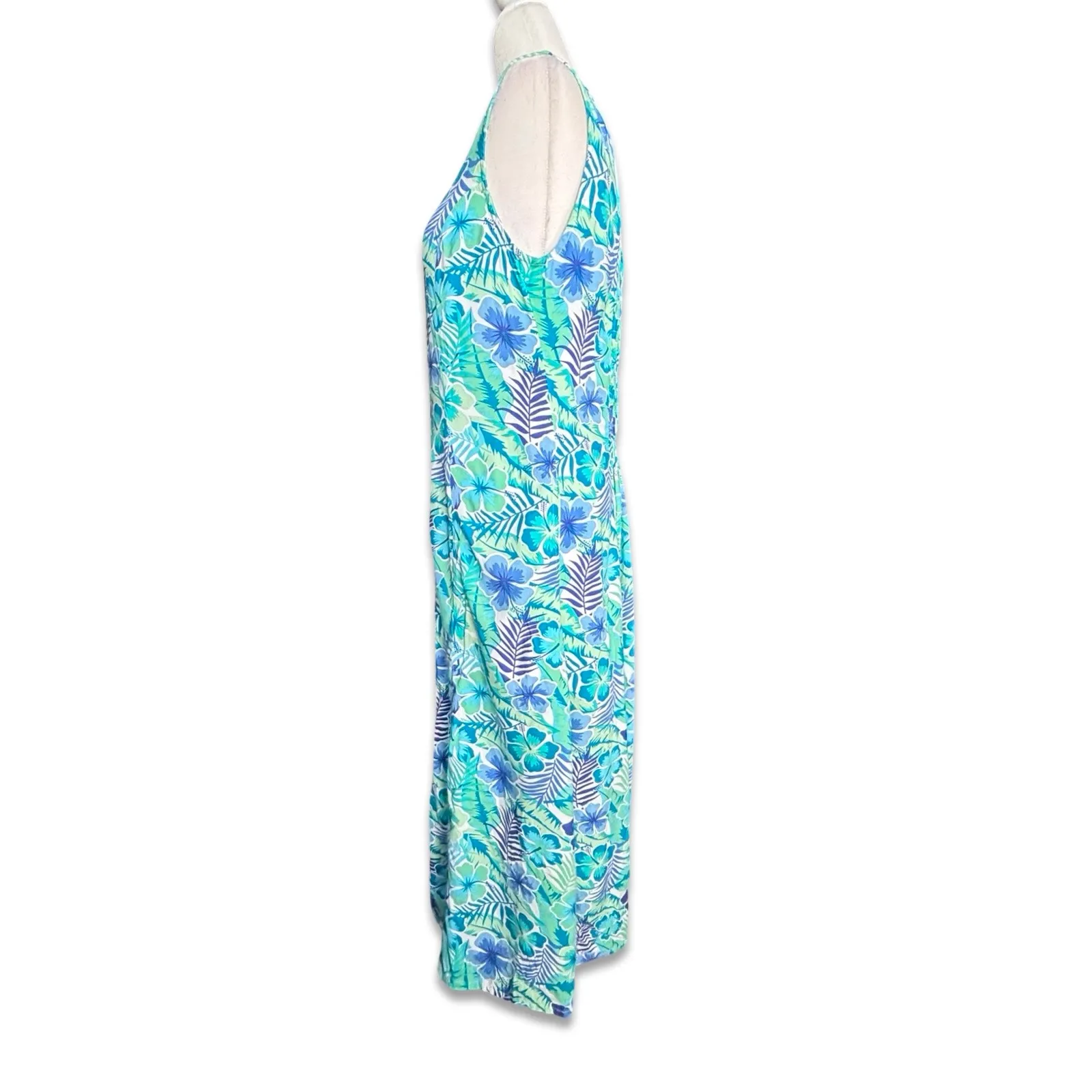 Vintage Teal Tropical Floral Maxi Dress Sleeveless Button Front Rayon Vacation Blue - Image 4