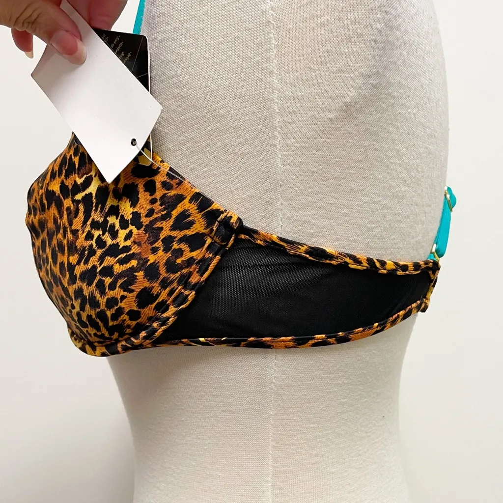 B Swim D Cup Rawr Uniwire Underwire Bikini Top NWT Leopard Teal Removable Straps Tan Size L - Image 3