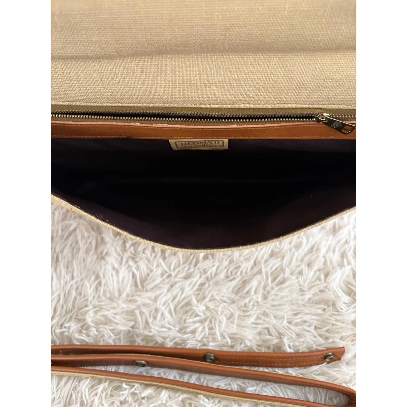 Vintage Ultima II Charles Revson Beige Canvas Leather Shoulder Bag NEW Tan - Image 4