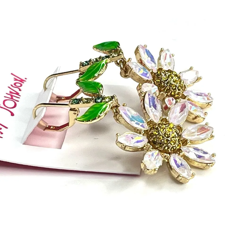 Betsey Johnson Iridescent Stone FLOWER EARRINGS 2.5" Dangle Drop Daisy Flowers - Image 3