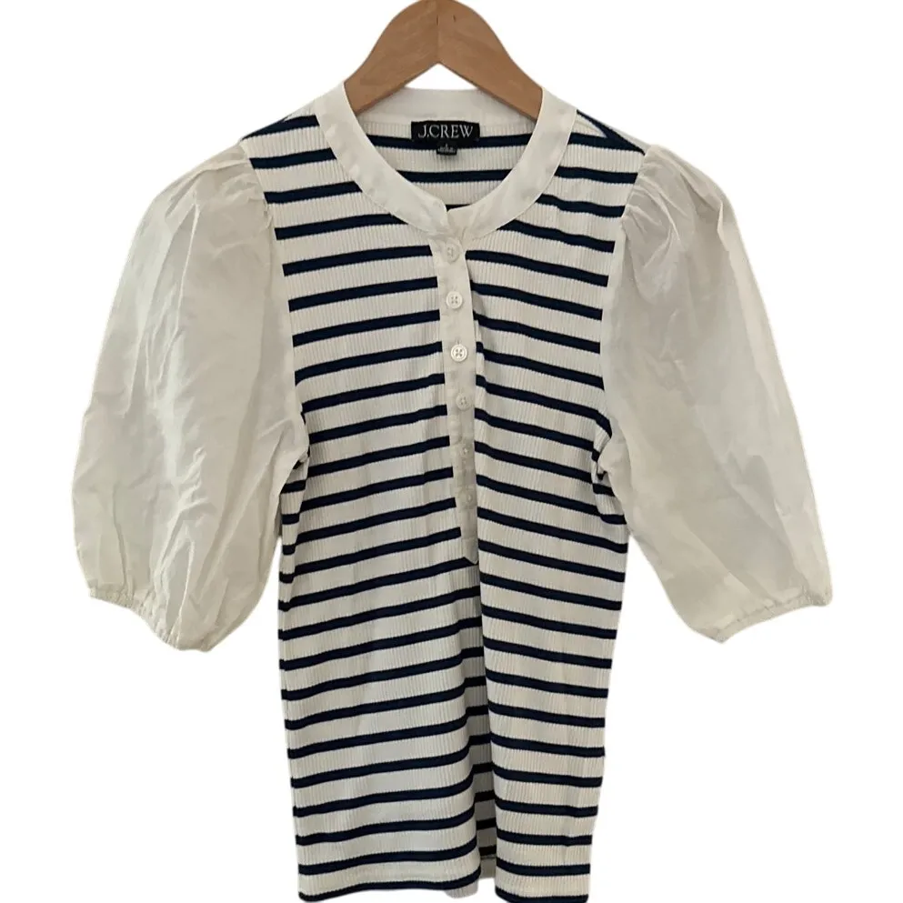 J. Crew Vintage Rib Puff Sleeve‎ Henley Top White Blue Size Small - Image 3