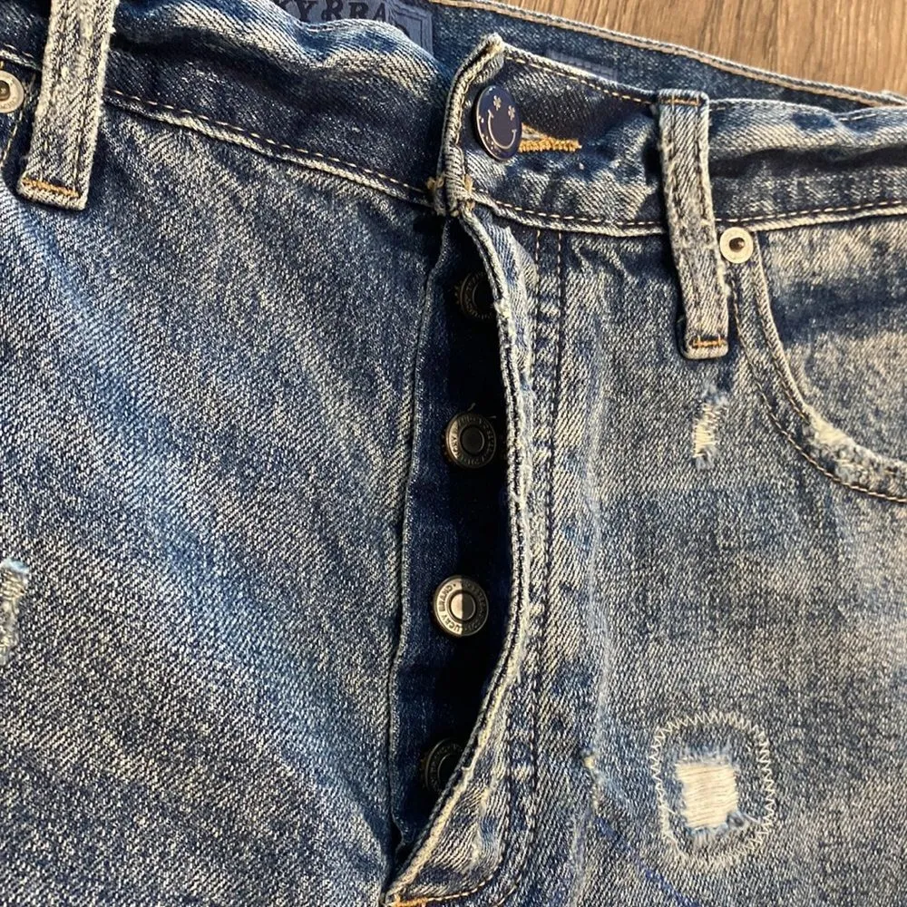 Lucky Brand High Rise Distressed Graphic Button Fly Cut Off Blue Jean Shorts Siz - Image 15