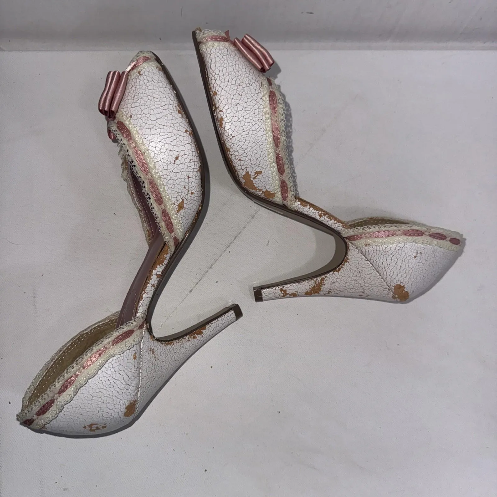 Y2K Delicious White Pink Lace Bows Ribbon Trim Stripper Peep Toe Pumps Size 9 - Image 12