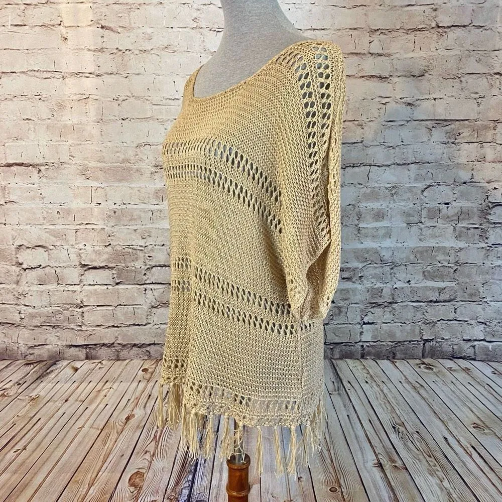ee:some Womens Open Knit Top Fringe Acrylic Blend Short Sleeve Tan Taupe Medium - Image 4